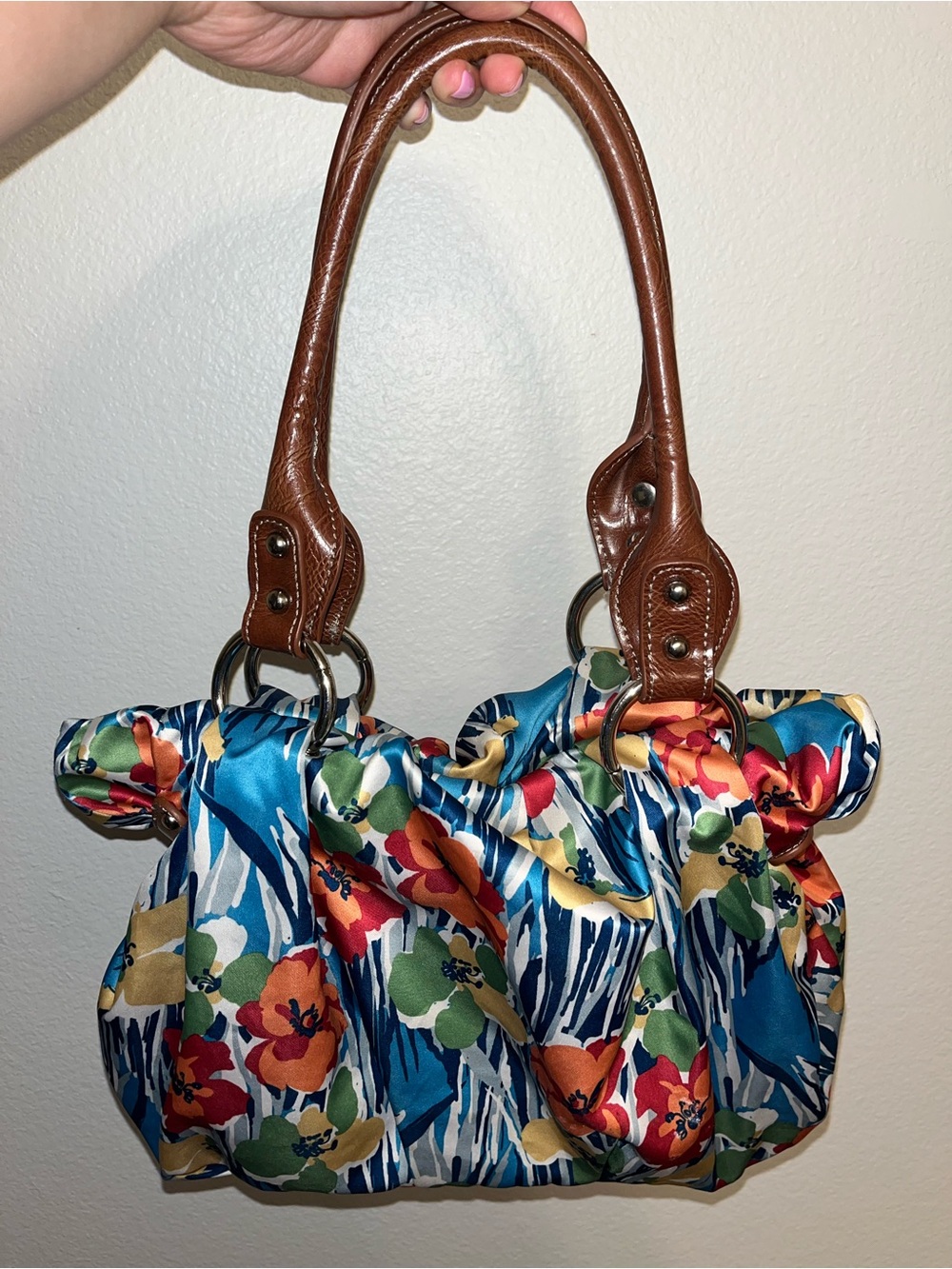 Nine & Co Floral Shoulder Bag Brown Faux Leather Satchel Multicolor Purse